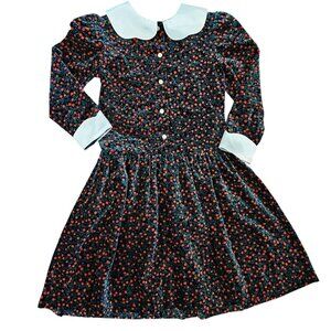 Vintage 90s Girls Size 7 Velvet Green‎ Floral Party Dress Red Satin Collar Long